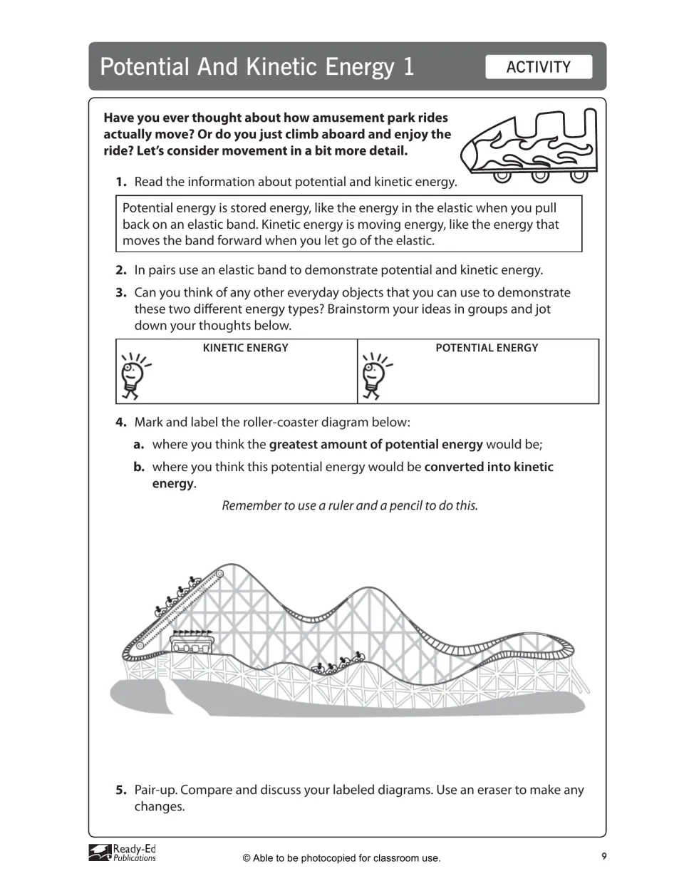 Potential and Kinetic Energy 1: read about energy types, list everyday examples, mark them on a coaster diagram