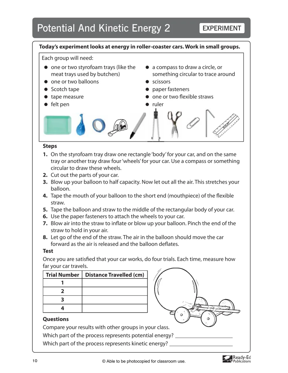 Potential and Kinetic Energy 2 experiment: build a balloon-powered car and record four distance trials