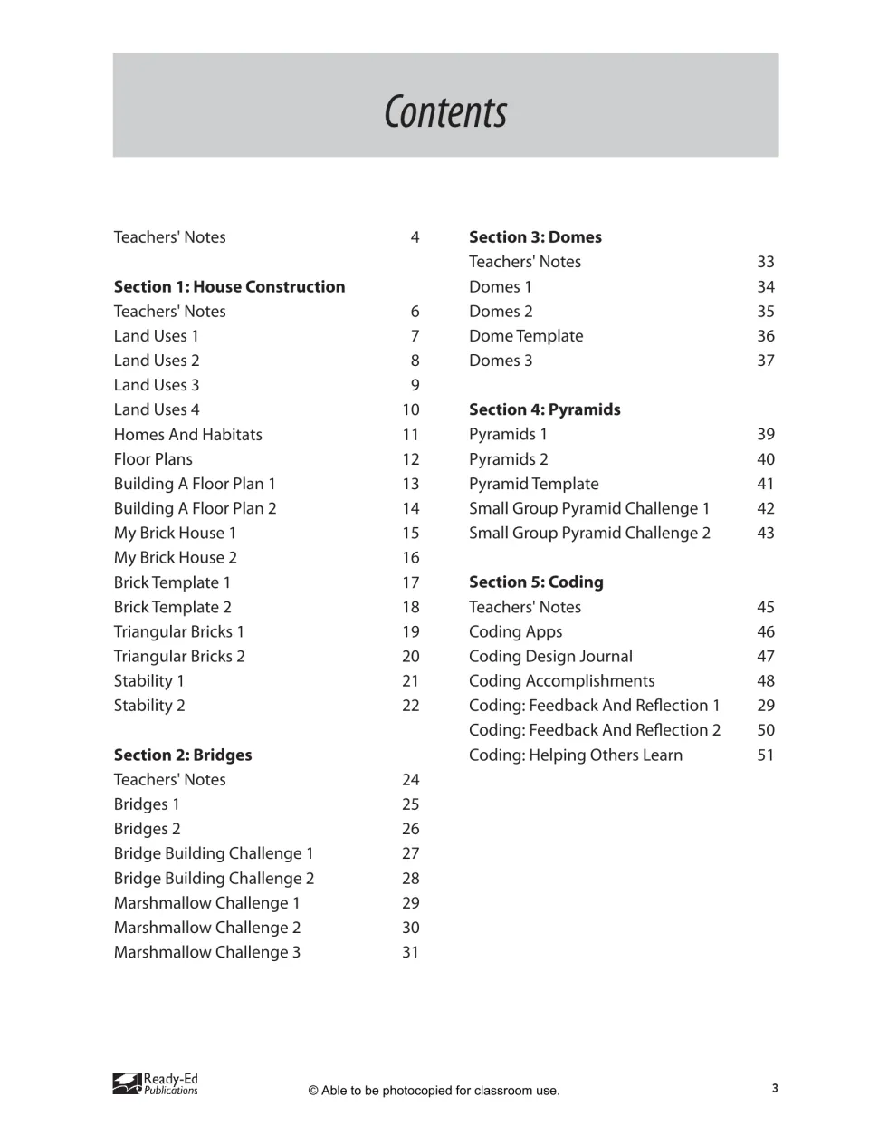 Contents page listing the five sections: House Construction, Bridges, Domes, Pyramids and Coding