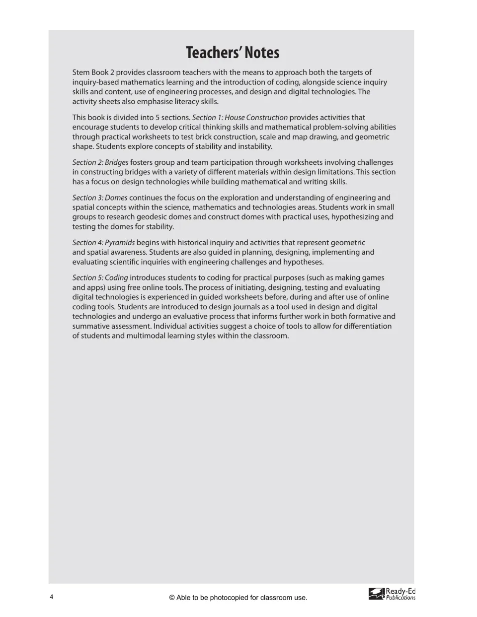 Teachers' notes overview of Book 2, summarizing the five sections from House Construction to Coding