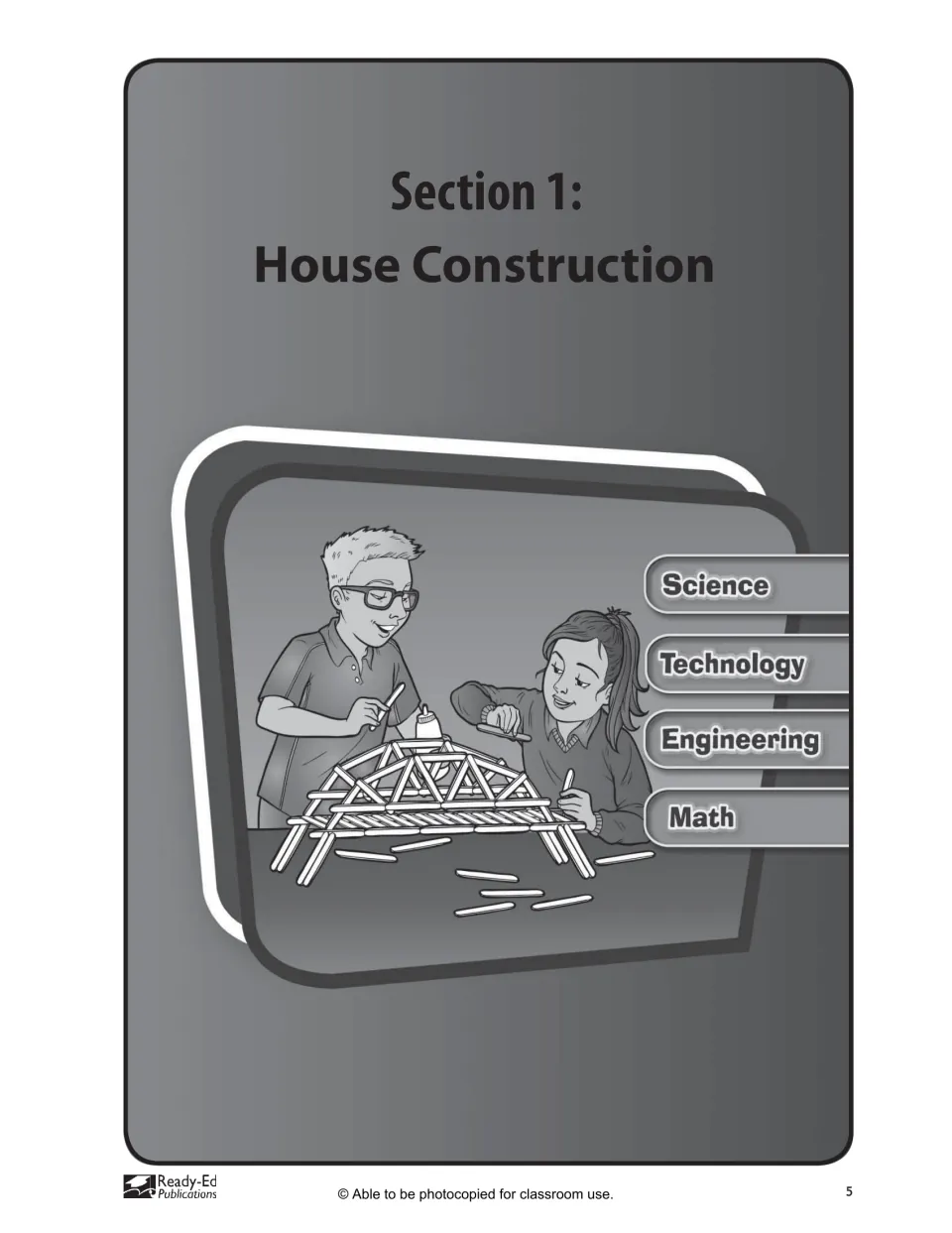 Section 1: House Construction title page, opening the first of the workbook's five sections