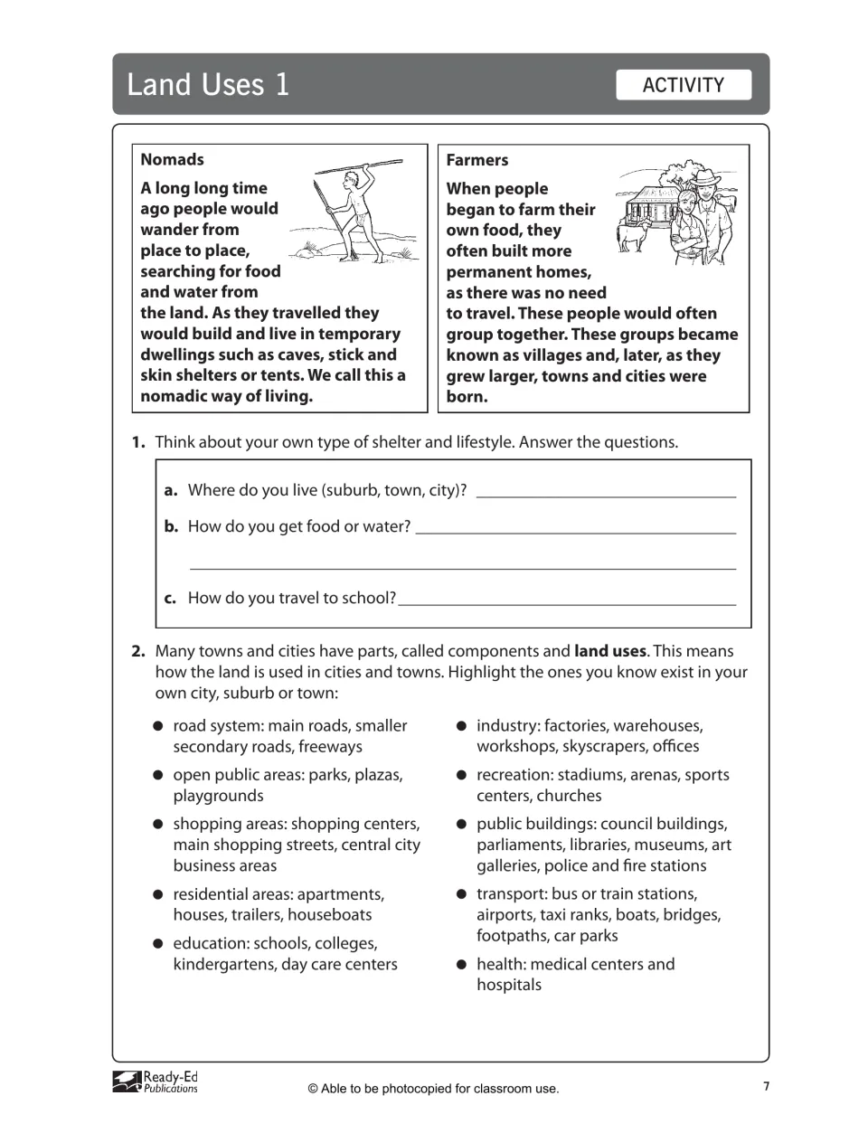 Land Uses 1: readings on nomads and farmers, questions on your own home, and city land uses to highlight