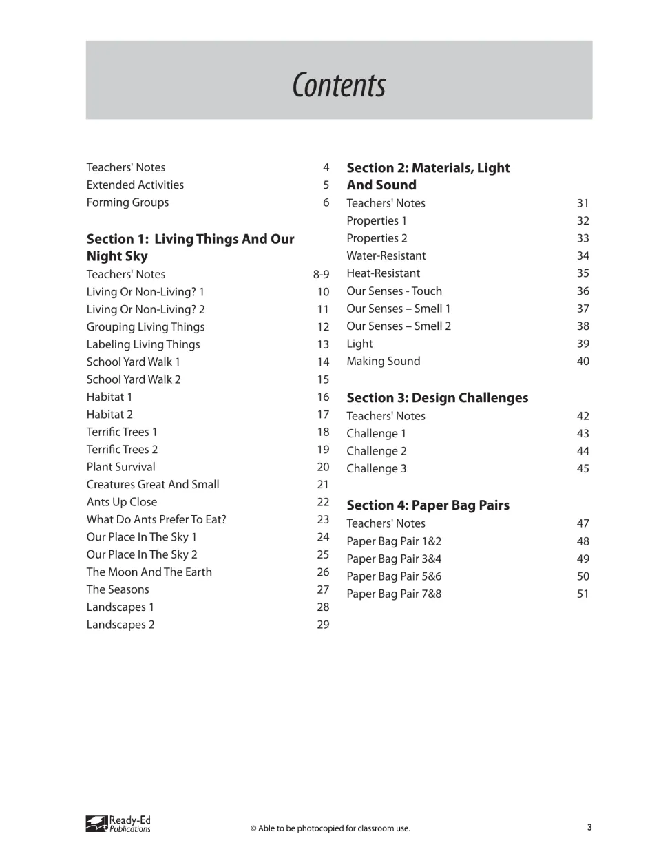 Contents for four sections: living things and night sky, materials, light and sound, design challenges, paper bag pairs