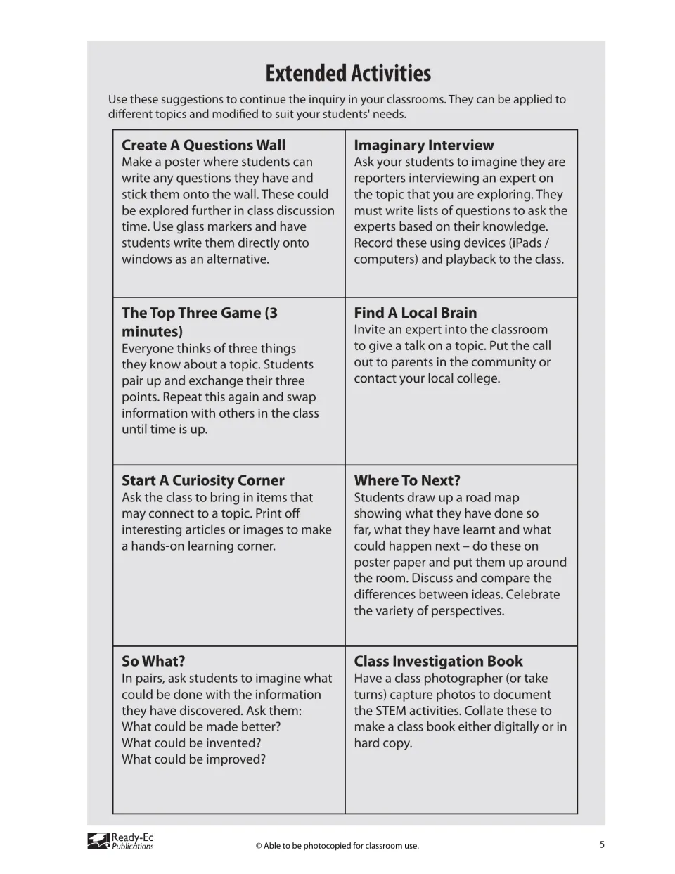 Extended activities: ideas such as a questions wall, imaginary interview, curiosity corner and class investigation book