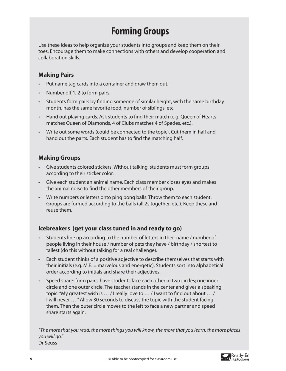 Forming groups: tips for making pairs and groups with cards, stickers and animal noises, plus speed-share icebreakers