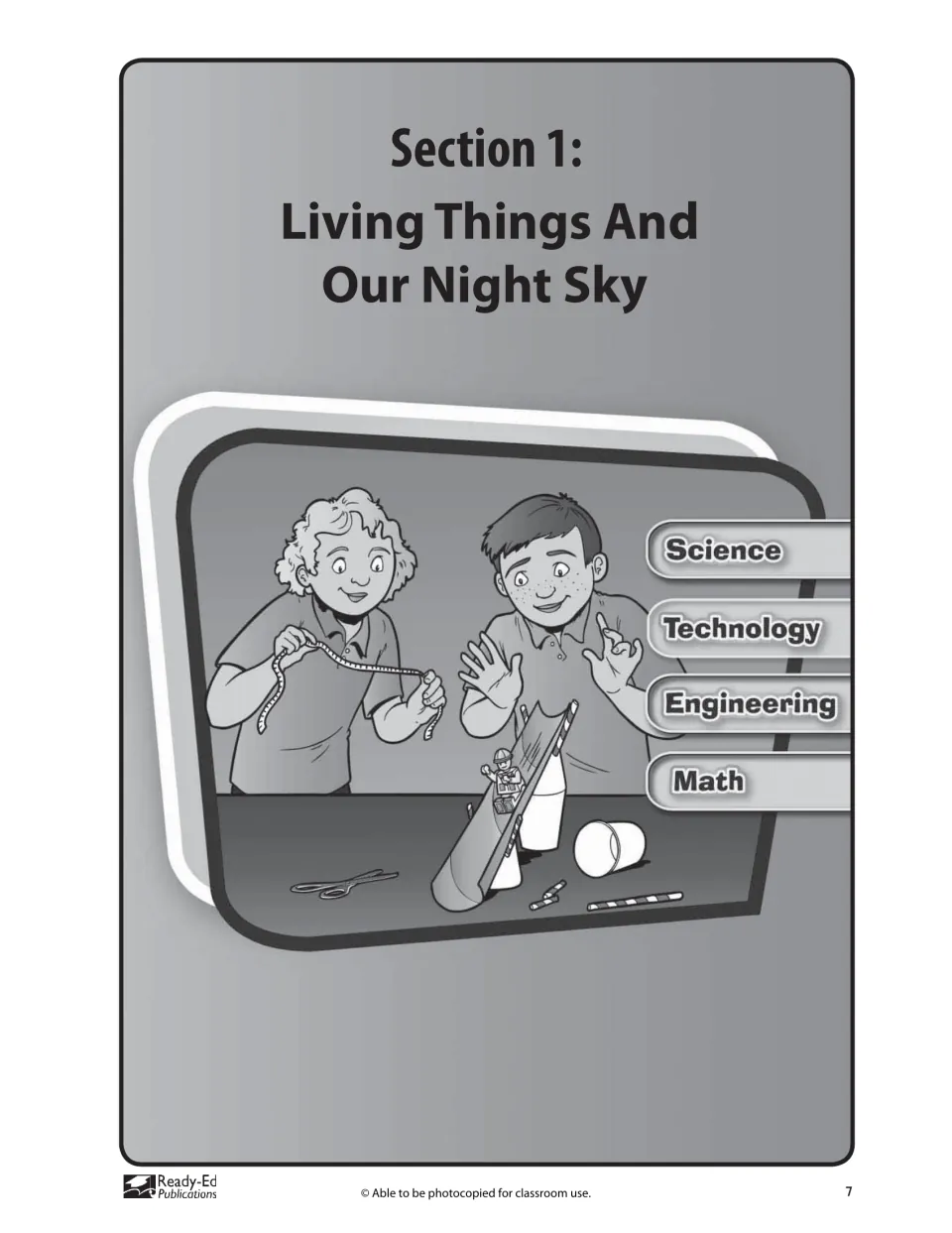 Section 1 title page, Living Things And Our Night Sky, with a drawing of two children testing a cup-and-straw ramp