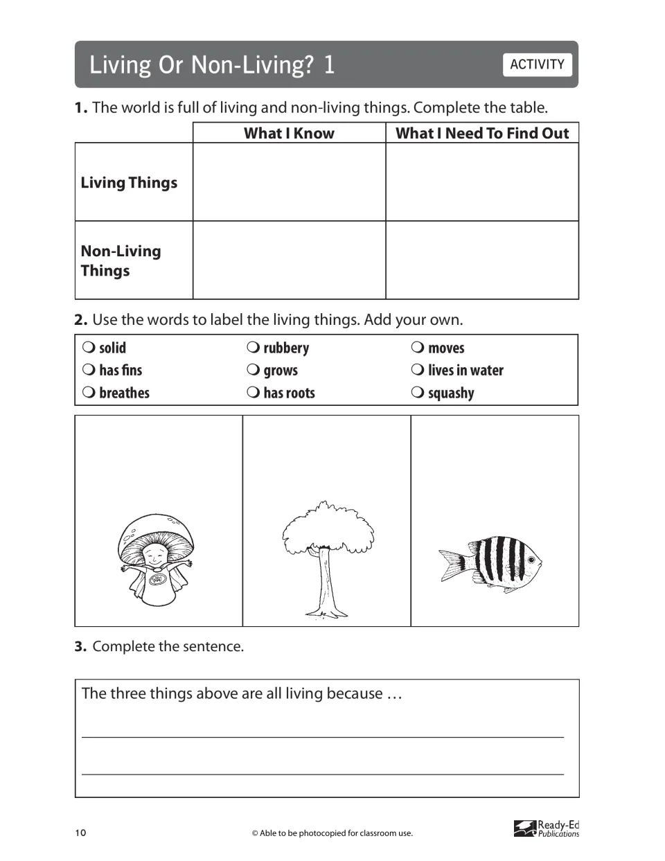 Living or non-living: students fill a know/find-out chart, label a mushroom, tree and fish with traits, and explain why
