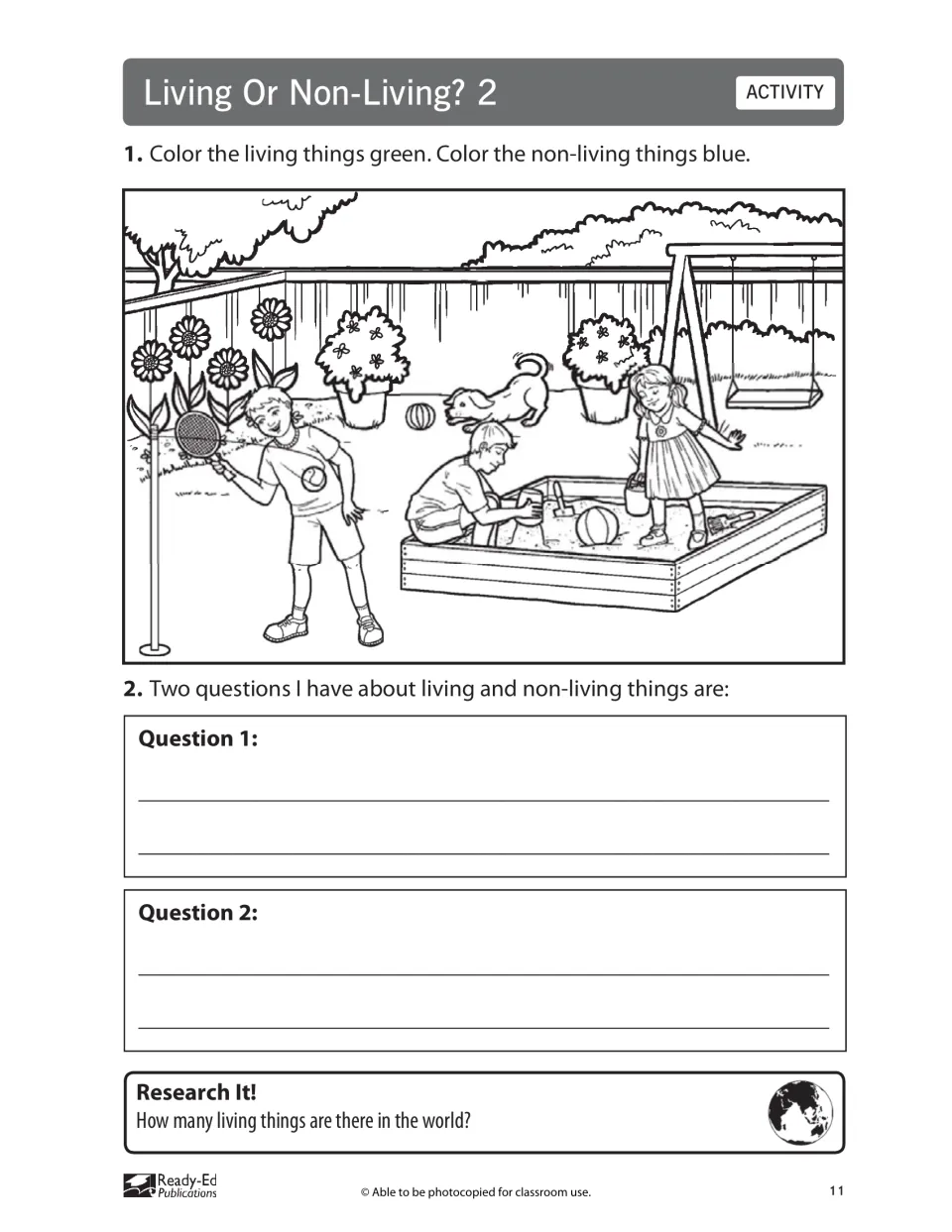 Living or non-living sort: students color living things green and objects blue in a playground, then write two questions