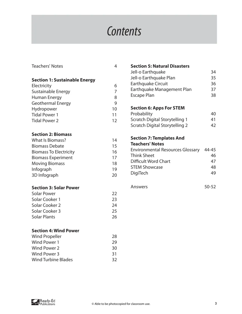 Workbook contents listing seven sections, from Sustainable Energy to Templates and Teachers' Notes