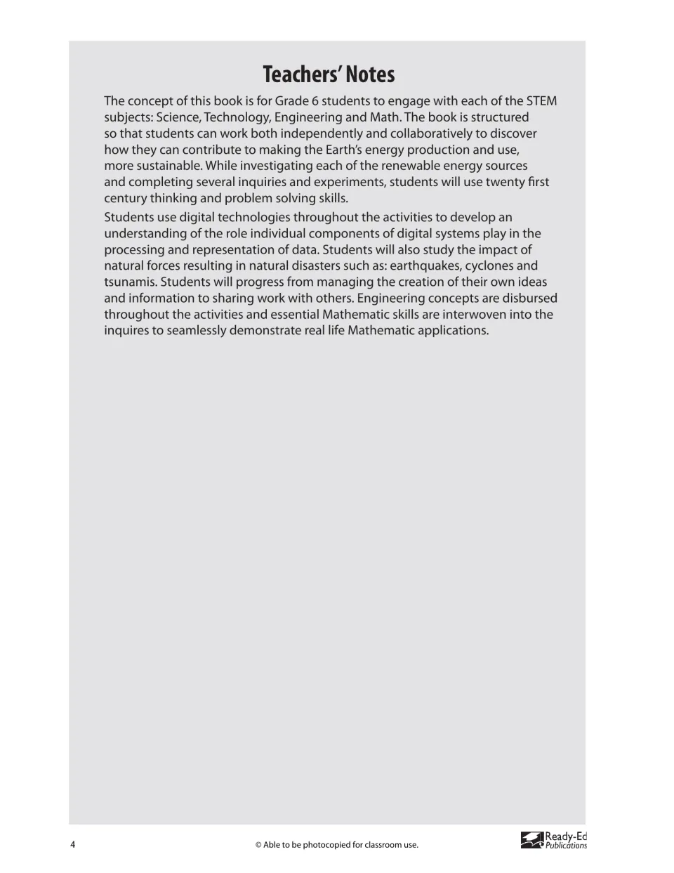 Teachers' notes explaining independent and collaborative STEM inquiries into energy and natural disasters