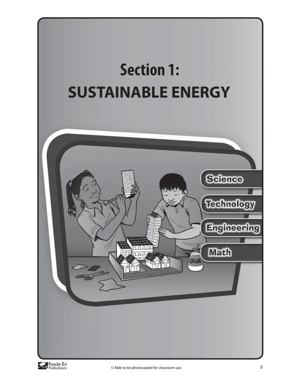 Section 1 opening page introducing Sustainable Energy as the workbook's first STEM topic of study