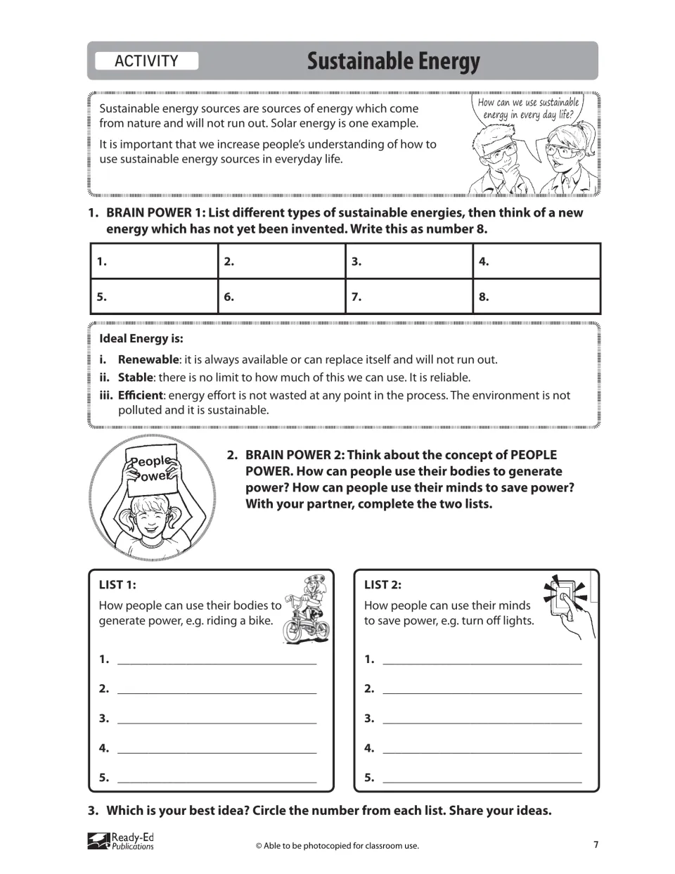 Sustainable Energy activity asking students to list energy sources and ways people can generate or save power