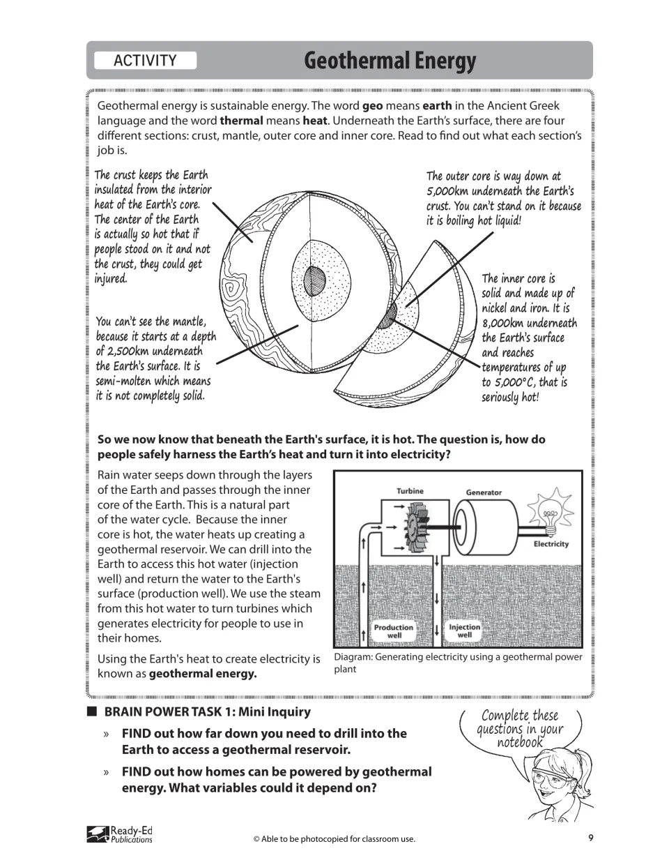 Geothermal Energy reading and mini inquiry with diagrams of Earth's layers and a geothermal power plant