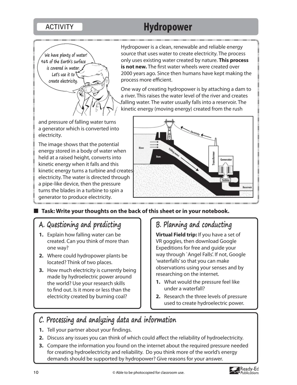 Hydropower activity explaining electricity from falling water, with a dam diagram and research prompts