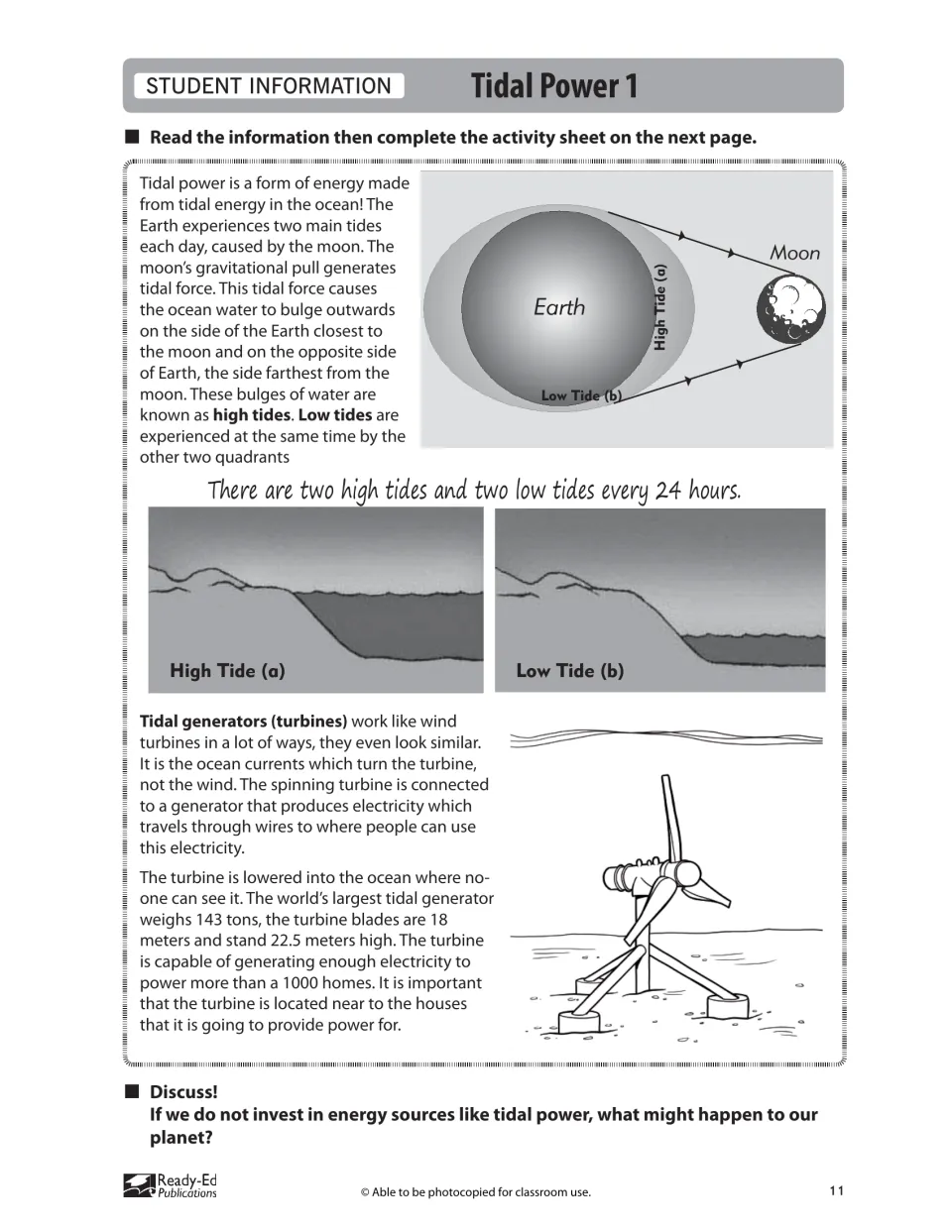 Tidal Power 1 information page explaining tides and underwater turbines before the next page's activity