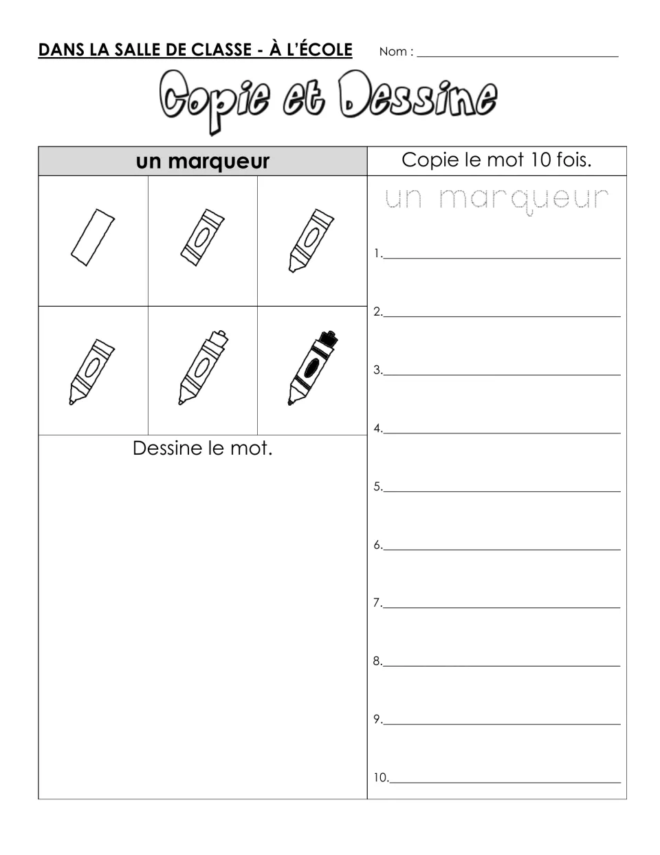 Un marqueur (marker): students trace and write the word 10 times, then draw a capped marker in 6 steps