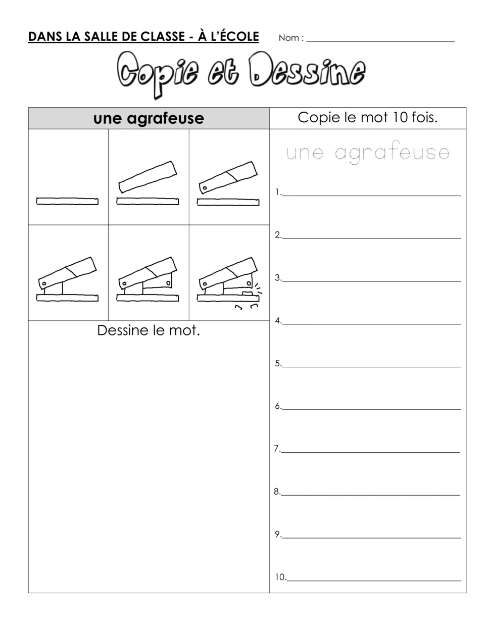 Une agrafeuse (stapler): students copy the word 10 times and draw an open stapler in 6 steps, ending with staples