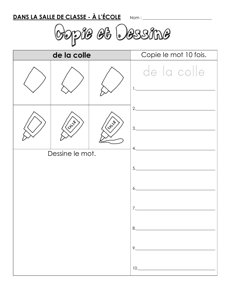 De la colle (glue): students trace and write the word 10 times, then draw a labeled glue bottle in 6 steps