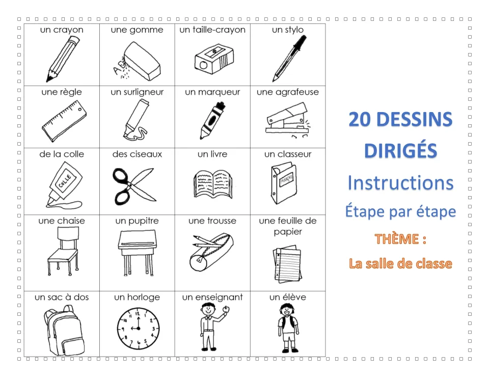 Cover of the French drawing set: 20 labeled classroom subjects, including a pencil, book, and teacher