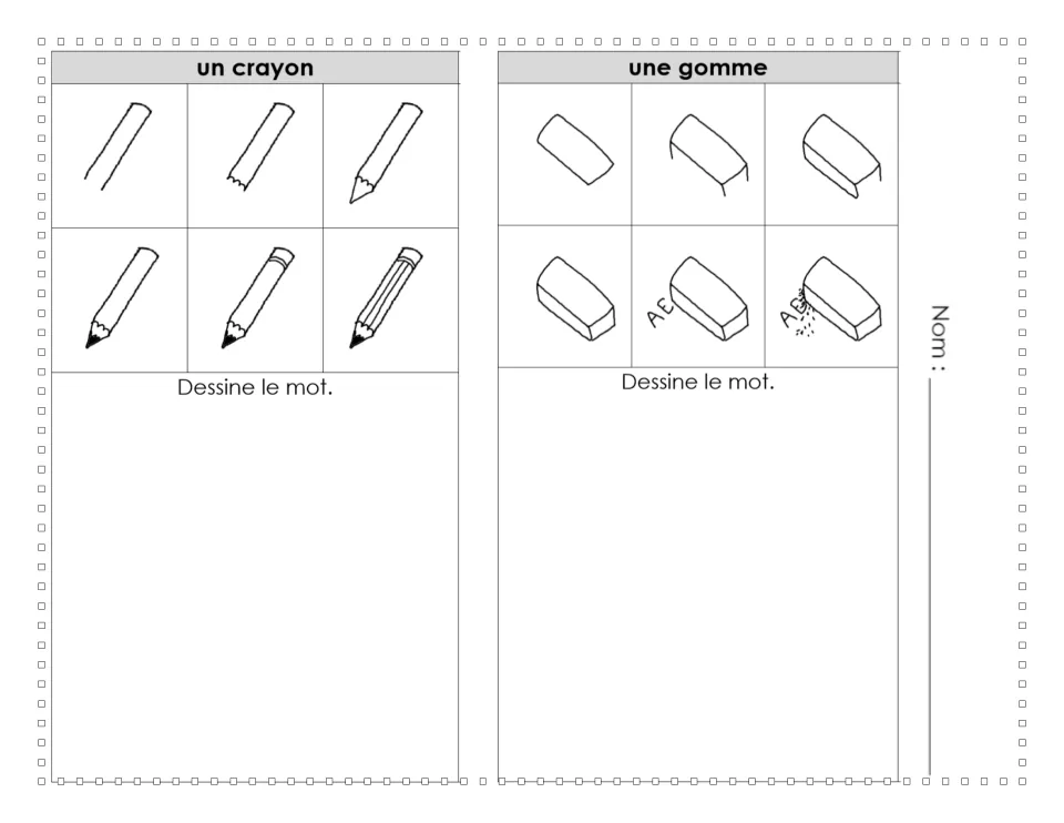 French drawing tutorials 1–2: un crayon (pencil) and une gomme (eraser), each shown in six steps