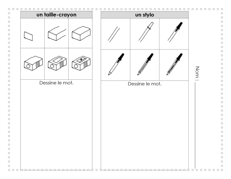 French drawing tutorials 3–4: un taille-crayon (pencil sharpener) and un stylo (pen), each in six steps