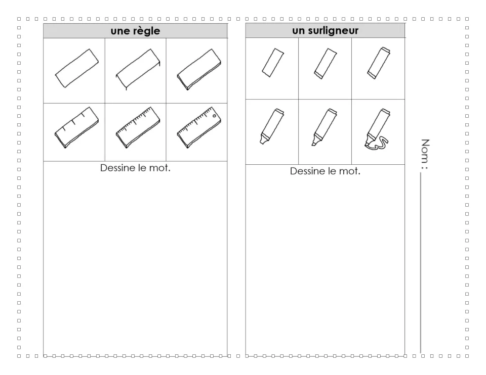 French drawing tutorials 5–6: une règle (ruler) and un surligneur (highlighter), each shown in six steps