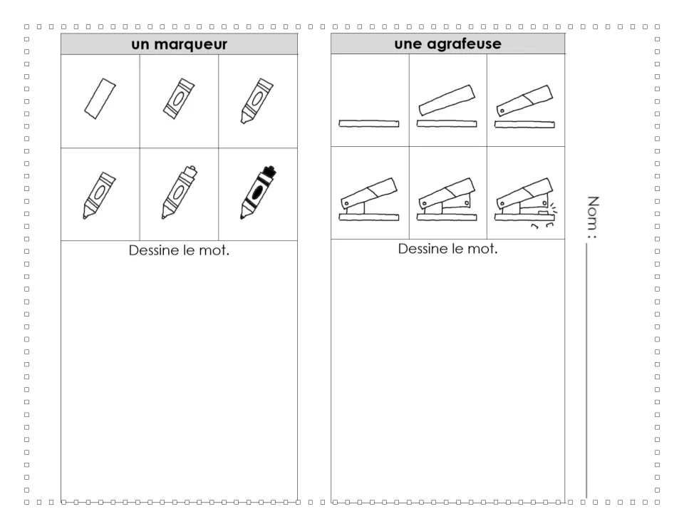 French drawing tutorials 7–8: un marqueur (marker) and une agrafeuse (stapler), each shown in six steps