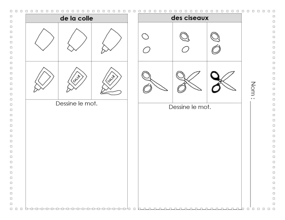 French drawing tutorials 9–10: de la colle (glue) and des ciseaux (scissors), each shown in six steps