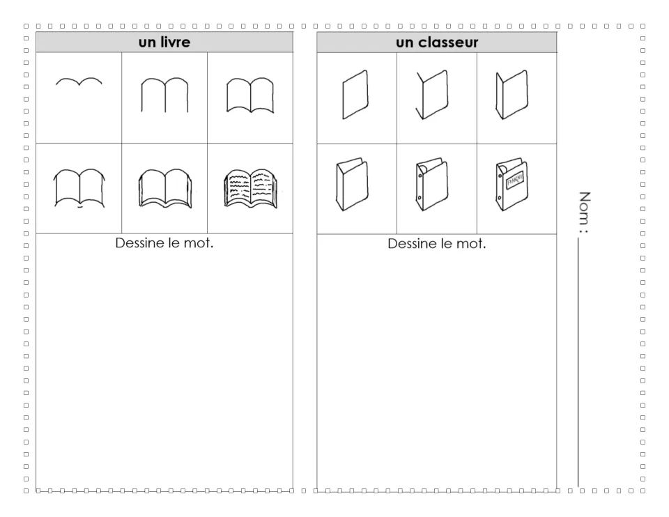 French drawing tutorials 11–12: un livre (book) and un classeur (binder), each shown in six steps