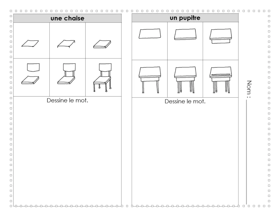 French drawing tutorials 13–14: une chaise (chair) and un pupitre (desk), each shown in six steps
