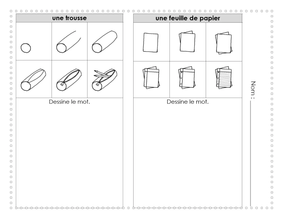 French drawing tutorials 15–16: une trousse (pencil case) and une feuille de papier (sheet of paper)