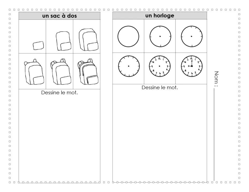 French drawing tutorials 17–18: un sac à dos (backpack) and a clock, each shown in six drawing steps