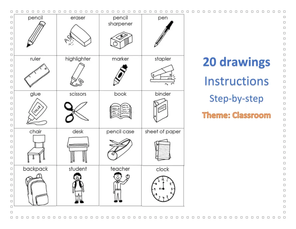 Classroom directed drawing cover showing all 20 items: pencil, eraser, scissors, desk, teacher, clock and 14 more