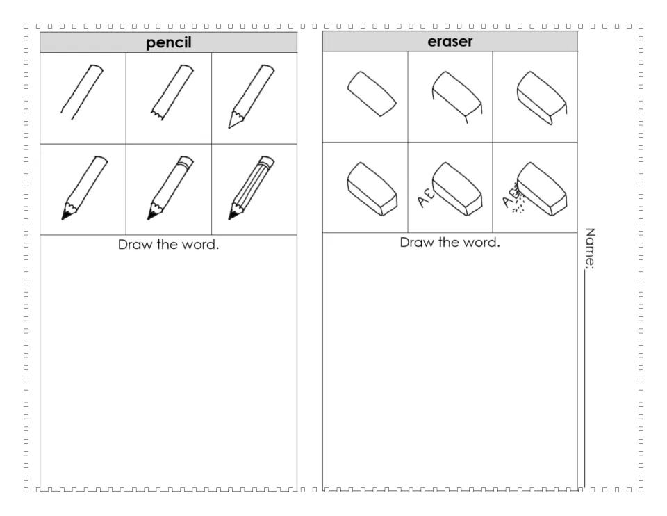 Six-step guides for drawing a pencil and an eraser, each with a 'Draw the word.' space and a name line