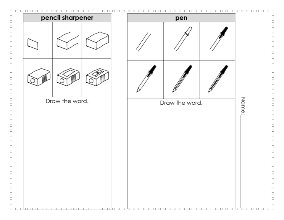 Six-step guides for drawing a pencil sharpener and a pen, each followed by a 'Draw the word.' practice space