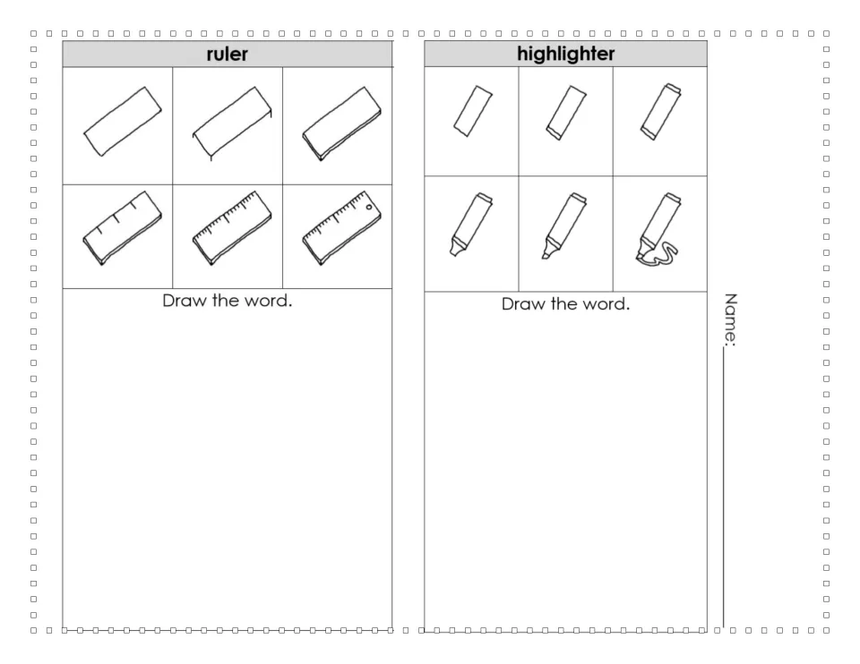 Step-by-step drawing guides for a ruler and a highlighter in six steps each, with 'Draw the word.' below