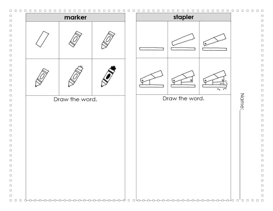 Six steps each for drawing a marker and a stapler, building from simple shapes to the finished objects