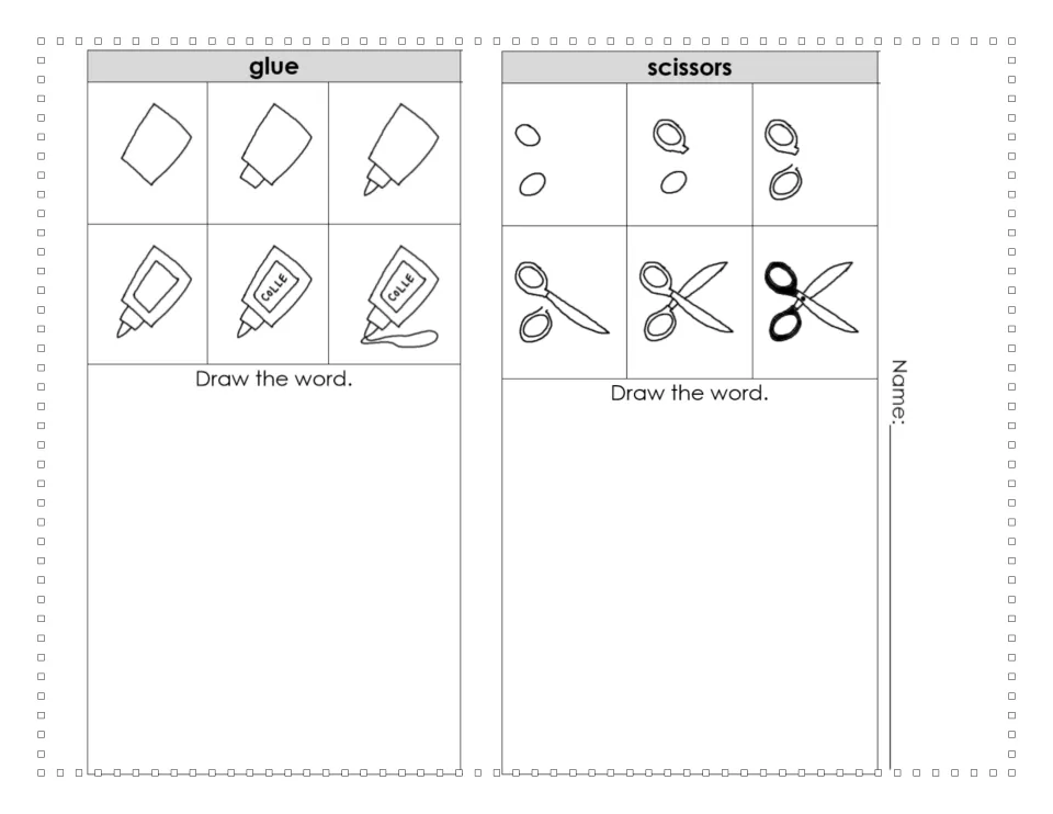 Six-step guides for drawing a glue bottle labeled 'Colle' and a pair of scissors, with 'Draw the word.' below