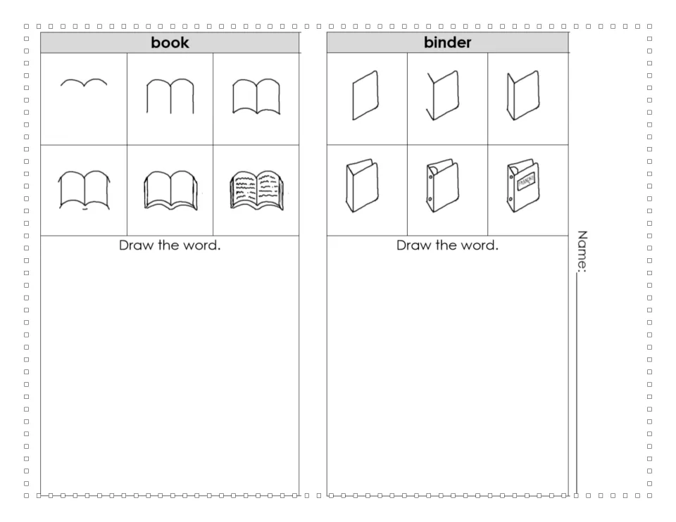Six-step guides for drawing an open book and a binder, each with a 'Draw the word.' area for the student's version