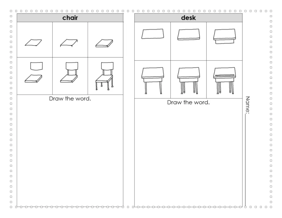 Six-step guides for drawing a classroom chair and a desk, starting from a flat seat and desktop