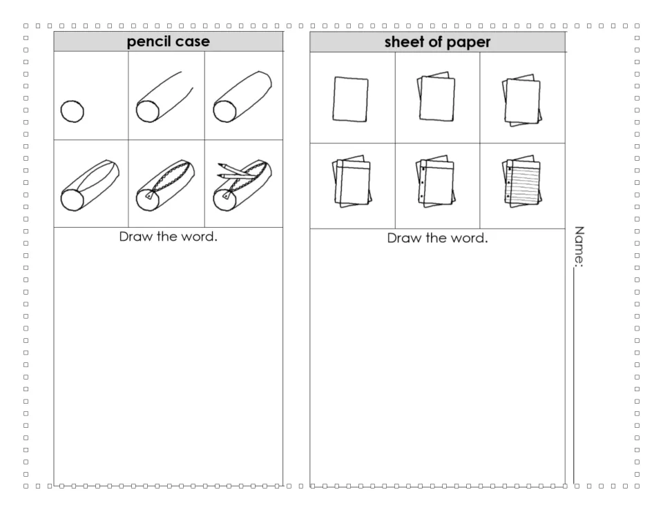 Six-step guides for drawing a zippered pencil case with pencils and a stack of lined sheets of paper