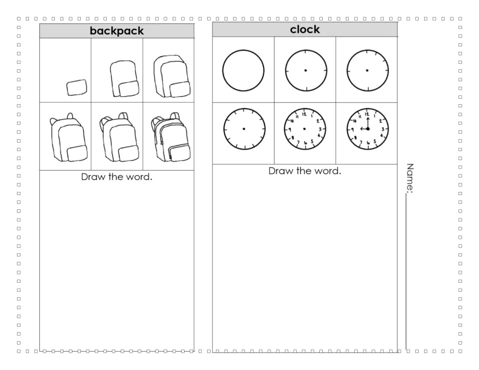 Six-step guides for drawing a backpack and a clock face with numbers and hands, each with 'Draw the word.'