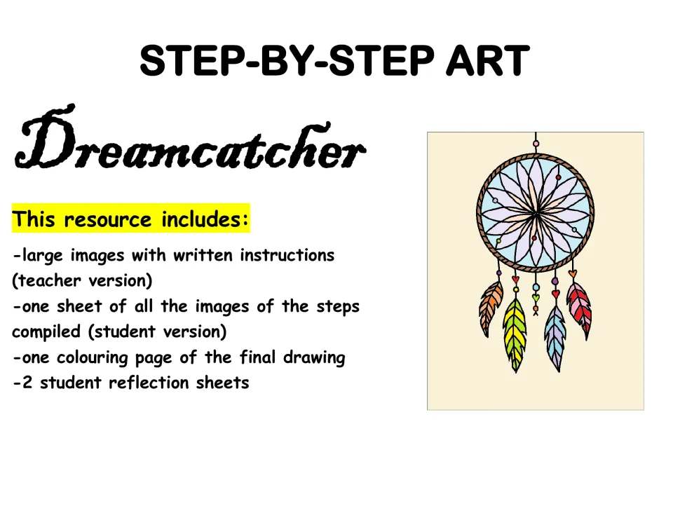 Step-By-Step Art: Dreamcatcher cover listing teacher steps, student sheet, coloring page and 2 reflection sheets