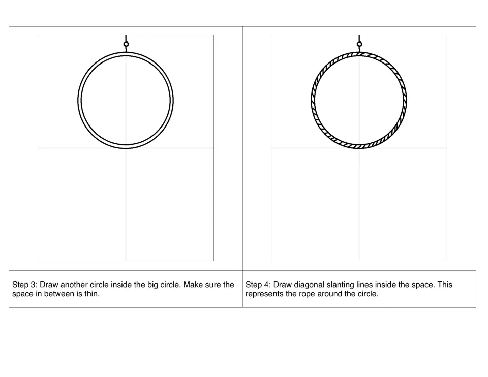 Steps 3–4: draw a second circle inside the first, then fill the thin space with slanted lines for the rope