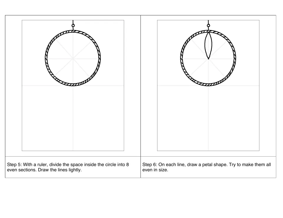 Steps 5–6: divide the inside of the dreamcatcher hoop into 8 sections, then draw a petal shape on each line