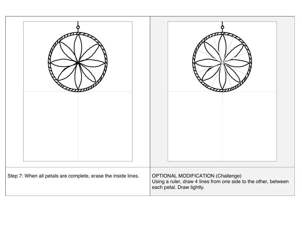 Step 7: erase the inside lines once all 8 petals are drawn, plus an optional challenge: 4 lines between petals
