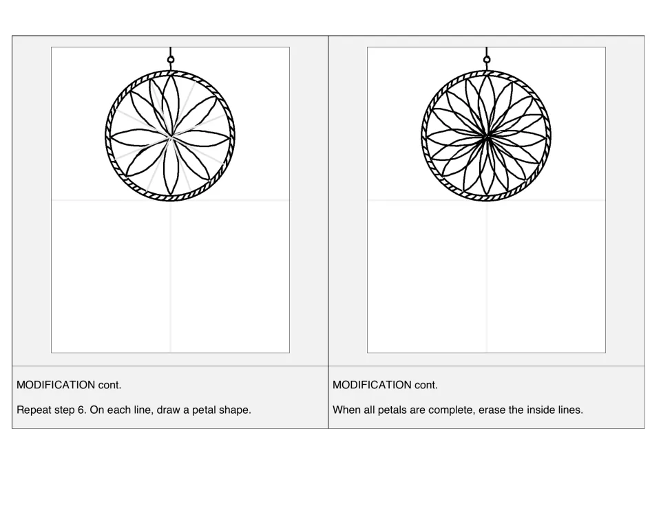 Optional challenge continued: add petals on the new lines, then erase the inside lines for a 16-petal design