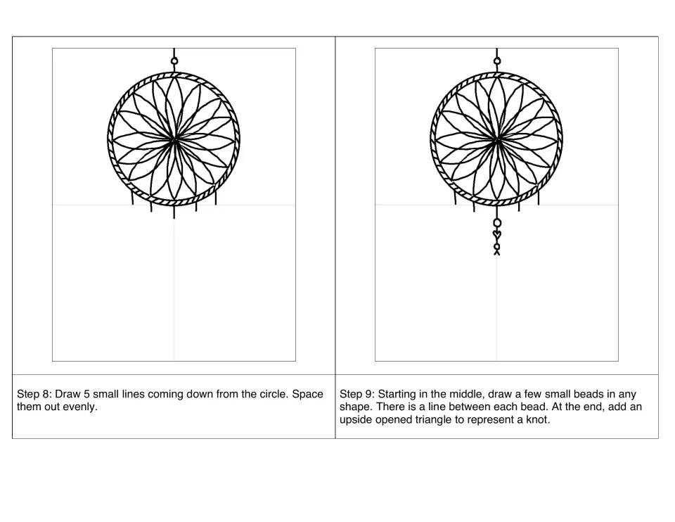 Steps 8–9: draw 5 small lines down from the hoop, then a middle strand of small beads ending in a knot