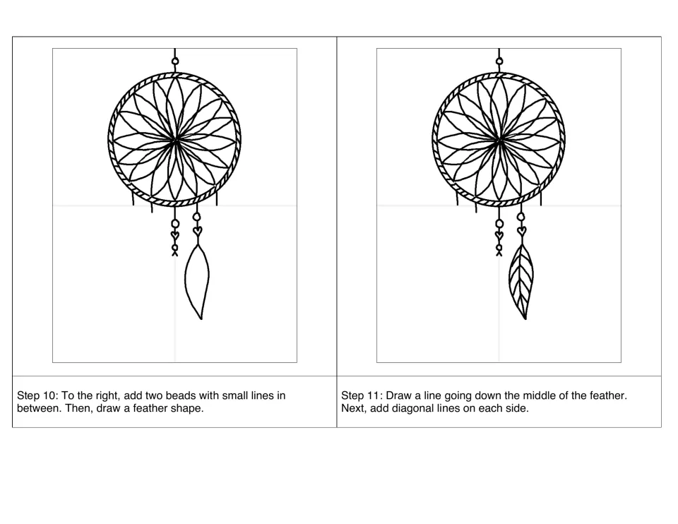 Steps 10–11: add two beads and a feather shape on the right, then draw the feather's center line and side lines