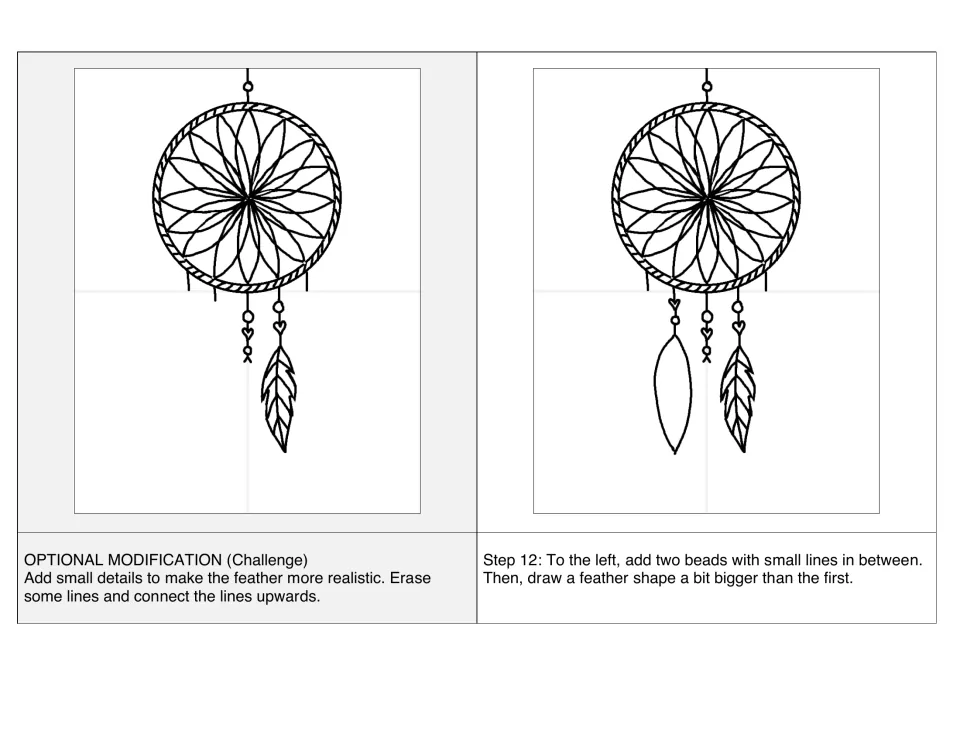 Optional challenge for a more realistic feather, and step 12: two beads and a bigger feather on the left